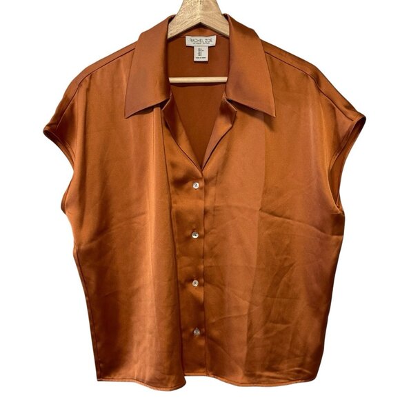 Rachel Zoe Brown Metallic Sleeveless Button Up Blouse Shiny Relax Fit Boxy Top - Picture 2 of 10